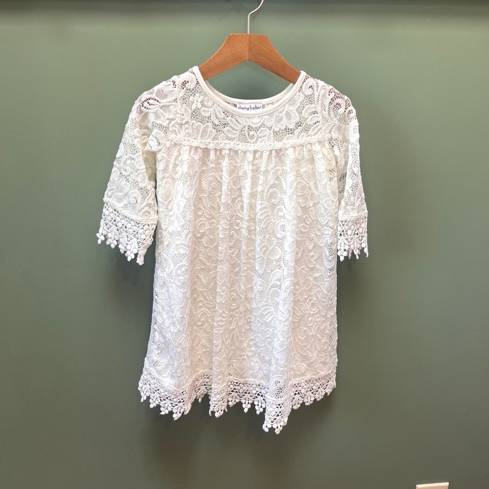 Chasing Fireflies Girls White‎ Floral Lace Tunic Dress Crochet Trim Size S 6-6X